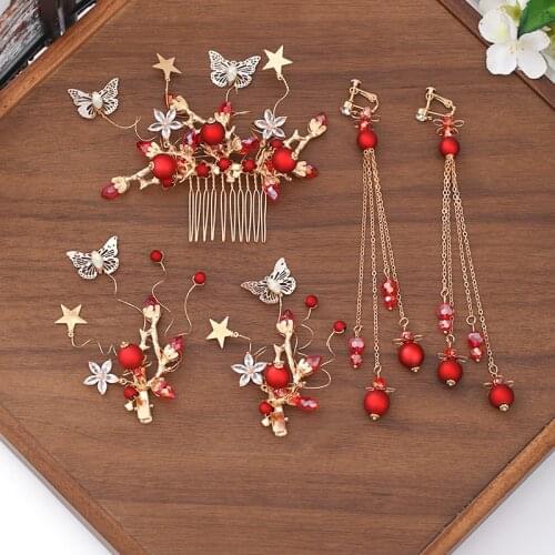 Red Pearls Hair Combs Hairgrips With Earrings 4 Pcs Butterfly Stars Wedding Hair Accessories Gold Color Headpiece Bridal Jewelry