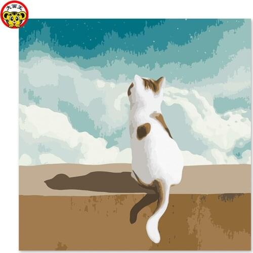 Painting by numbers art paint by number Draw on the cloth Digital Painting Long-tailed cat look up to the sky Cats back view