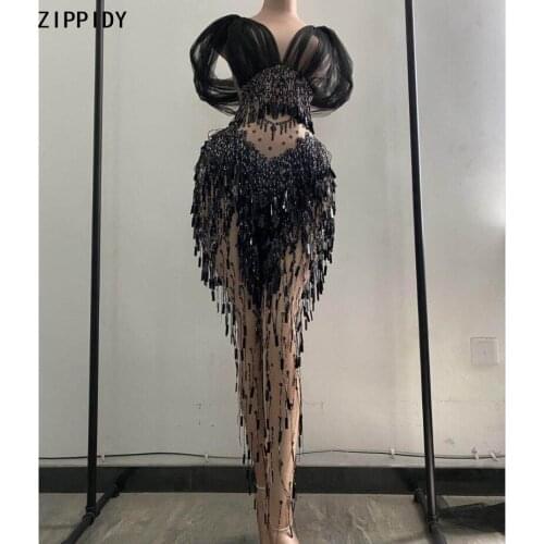 Black Sequin Fringe Jumpsuit Women Dancer DS Leggings Bar Prom Birthday Show Outfit Singer Costume Spandex Outfit