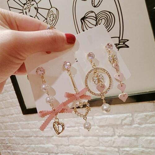 Korean Pink Heart Bow Knot Female Woman Dangle Drop Long Earrings Fashion Jewelry Accessories Wholesale Party