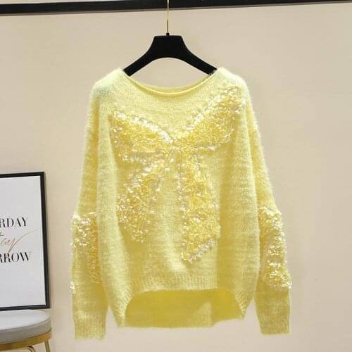Korobov Vintage Pearls Embroidery Pullovers Sweaters Japanese Sweet Slash Neck Long Sleeve Sweater Korean Bow Sueter Mujer