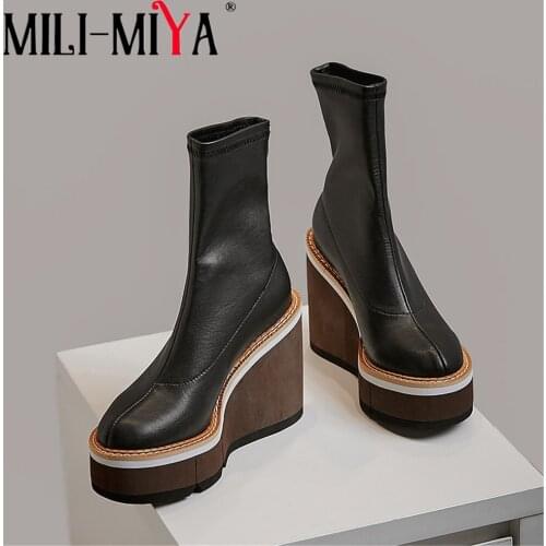 MILI-MIYA Newest High Quality Women Ankle Boots Autumn Winter Platform Wedges Round Toe Slip On Fashion Black Ladies Prom Boots
