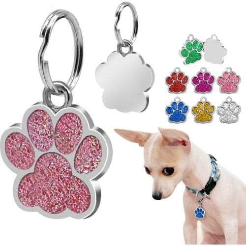 Fashion Dog ID Tag Personalized for Small Dogs Rhinestone Pet Accessories Paw Foot Print Name Tag Plate Collar Decoration