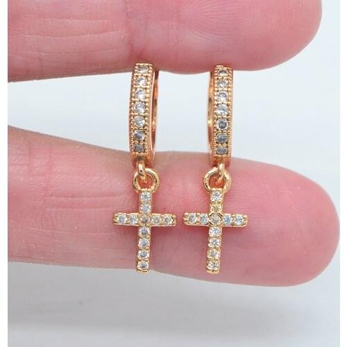 Fashion Gold Color Women Clear Cubic Zirconia CZ Cross Dangle Huggie Earrings