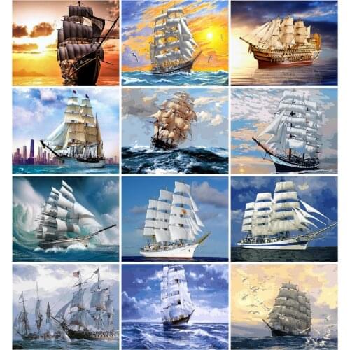 HUACAN DIY Pictures By Number Sea Painting By Numbers Sailboat Drawing On Canvas Hand Painted Paintings Scenery Home Decoration