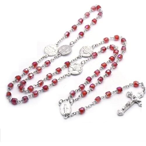 QIGO Red Crystal Rosary Necklace With Cup Vintage Jesus Cross Pendant Necklace Long Religious Pray Jewelry Gift For Men Women