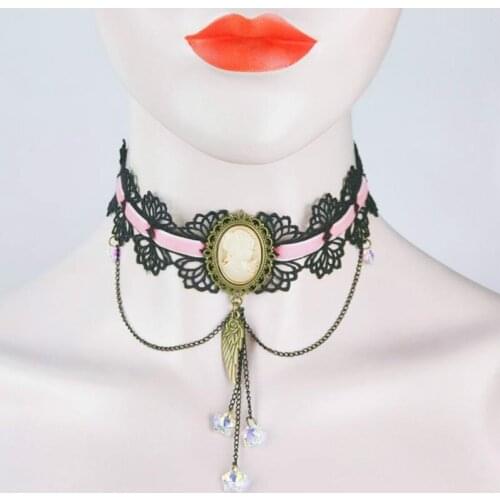 Necklace Ladies Necklace European and American Clavicle Chain Lace Fan with Beauty Head Wings Five-Pointed Star Crystal Necklace