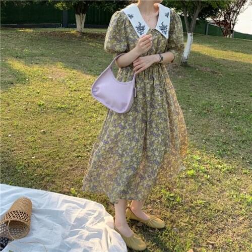 Dresses Floral Short-sleeved Dress Female Summer New Korean Style High-waisted Thin A-line Mid-length Skirt