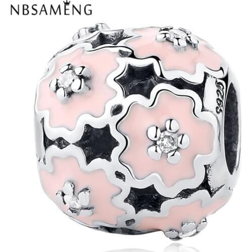 New Authentic 925 Sterling Silver Charm Bead Pink Enamel Crystal Charm Fits Bracelets & Bangles DIY Jewelry