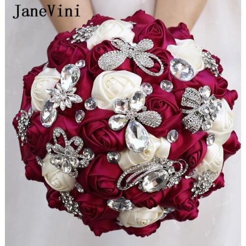 JaneVini Luxury Fuchsia Flowers Rhinestone Wedding Bouquets Crystal Artificial Satin Rose Bridal Bouquet for Wedding Accessories