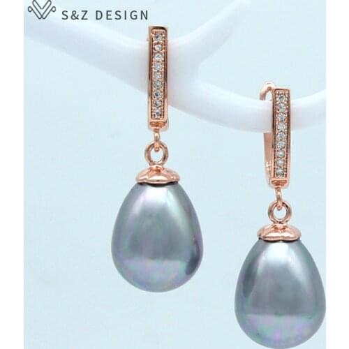 S&Z New Imitation Shell Pearls Water Drop Earrings 585 Rose Gold Micro Wax Inlay Zircon For Women Wedding Party Fashion Jewelry