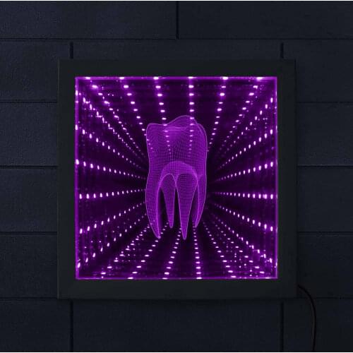 Tooth Shape LED Infinity Mirror Night Light Atmosphere Dental Clinic Decoration Gorgeous Tunnel Vision Mirrored light Wood Frame
