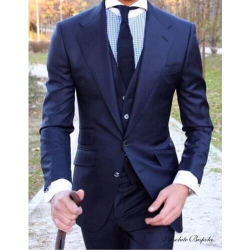 Dark Blue 3 Pieces Wedding Suits for Men 2 Buttons Groom Tuxedos Business Formal Suit (Jacket+Pants+vest+tie) Mens Suits
