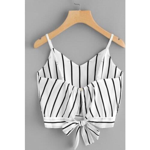Striped Split Tie Back Crop Cami Top Women Casual Spaghetti Strap Bow Top Vest Summer Knot Beach Vest