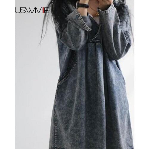 USWMIE 2020 Spring Vintage Art Modified Chinese Washing Basic Cowboy Tops Long Sleeve Solid Color Casual V-neck Do Old Pullover