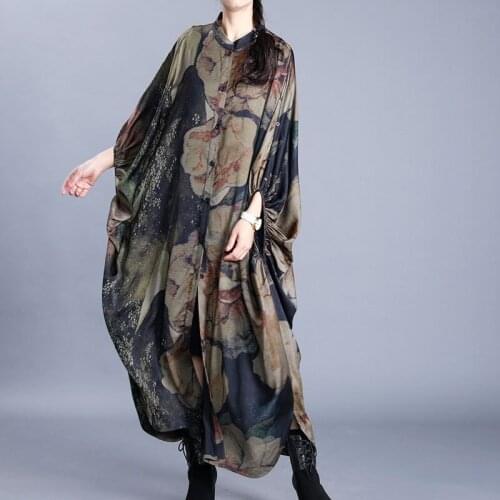 Vintage Women Clothes 2020 Robe Vintage Femme Batwing Sleeve Print Floral Retro Dress Long Elegant Chinese Style Dresses 11349