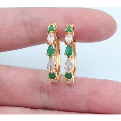 Gold Color Women Fashion White Green Teardrop Cubic Zirconia CZ Huggie Hoop Earrings Jewelry