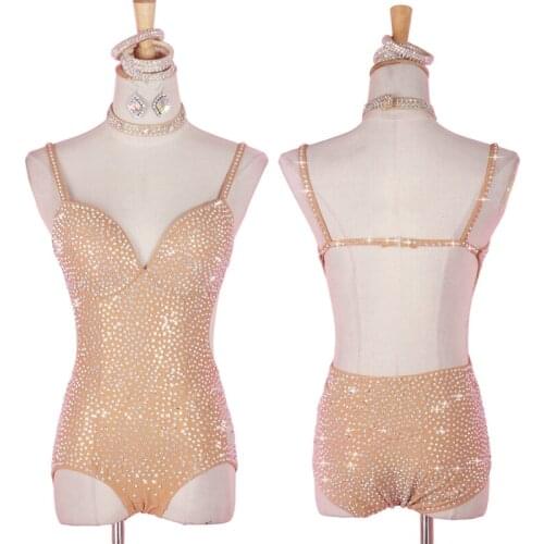 Full Diamond Sexy V-neck Jazz Dance Costume Women Latin Dance Salsa Dance Jumpsuit Nude Color Sling Backless Bottoming Clothing