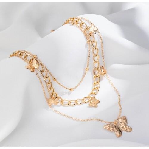 ZOVOLI Vintage Multilayer Gold Butterfly Pendant Necklace for Women 3D Butterflies Round Beads Charm Choker Boho Jewelry Gift
