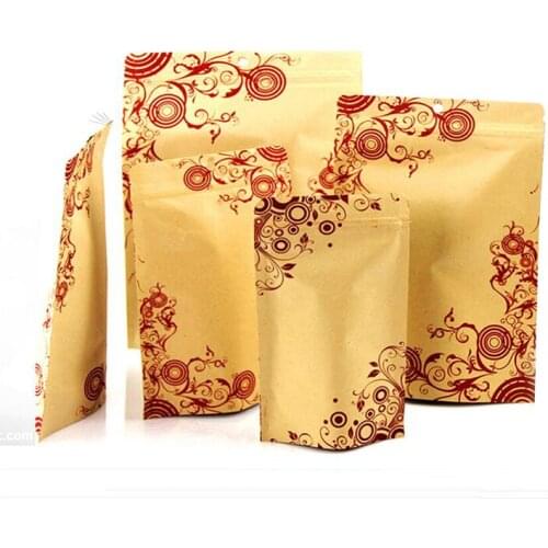 100 Pcs Stand-up Kraft Paper Food Packaging Bag with Flower Pattern Design, Pouch for Gift Food Nuts Cookie Candy Baking Tea bag
