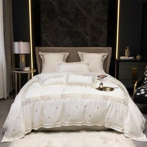 4Pcs Egyptian Cotton Duvet cover set King Queen size 4Pcs White Golden Silver Embroidery Bedding set with Bed Sheet Pillowcases