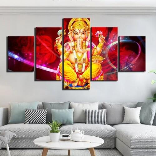 Ganpati painting art Canvas 5 Panels Hindu God elephant nose Paintings Decor Artwork Canvas Print religious painting
