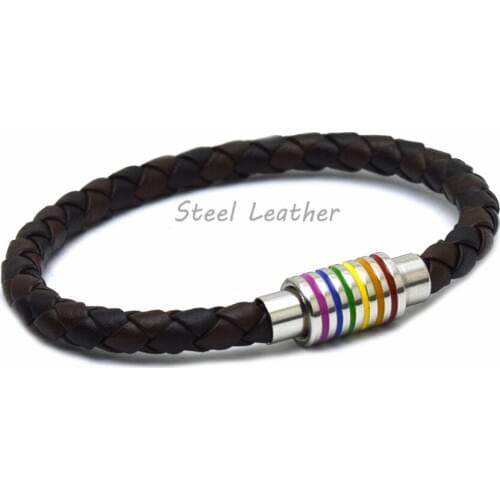 5pcs/lot Newest Fashion Braided Leather Bracelet Women Men Stainless Steel Gay Pride Rainbow Magnetic Charms Bracelet Gift Wrist