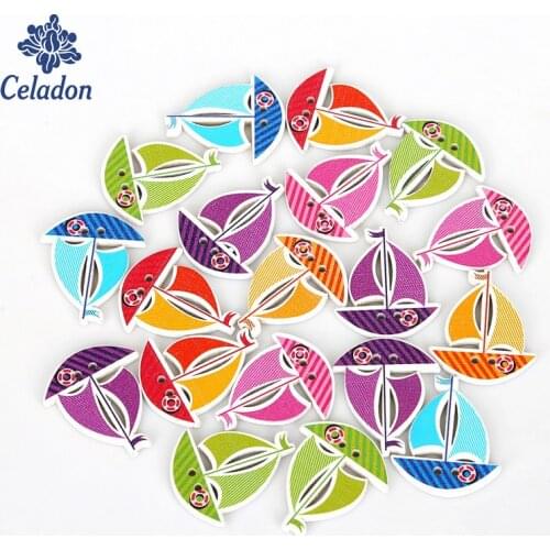 50pcs 25x30mm Sailboat Random Mixed Decorative Lovely Conveyance 2 Holes Sewing Wood Buttons Flatblck Scrapbooking