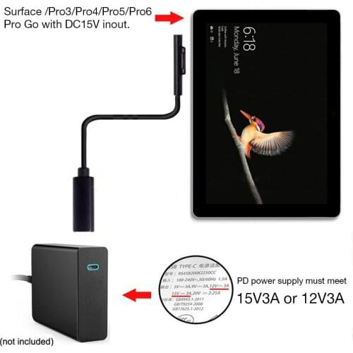 For Microsoft Surface Pro 6 5 4 3 Power Supply Adapter USB Type C female Charging Cable PD Charger Connector DC Plug 15V 3A For