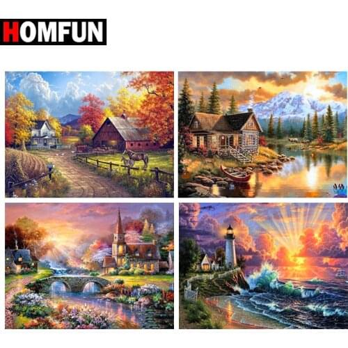 HOMFUN Full Drill Diamond Painting "Sunset forest manor" DIY Picture Of Rhinestone 5D Diamond Embroidery Cross Stitch Decor