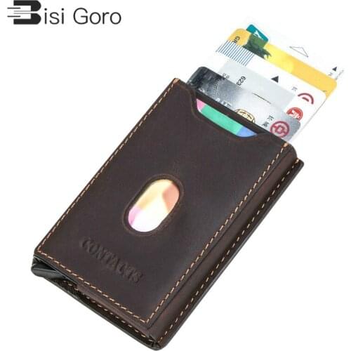 BISI GORO Men and Women Credit Card Holder Vintage Genuine Leather Card Wallet RFID Blocking Auto Pop-up Aluminum Card Case