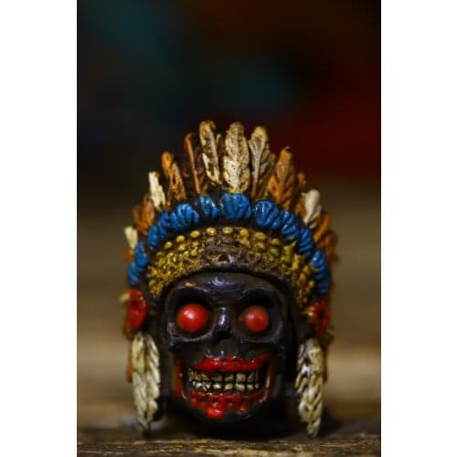 Home Decor 2" Tibet Buddhism Old Bronze Tracing Indian style Skull statue Ring ring Pendant Wear decorations