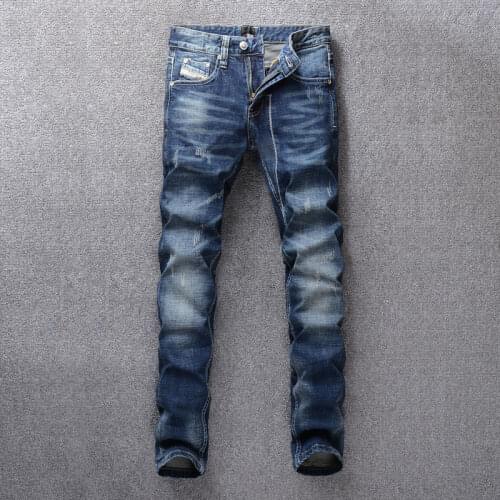 European Vintage Fashion Men Jeans High Quality Retro Blue Elastic Slim Fit Ripped Jeans Men Scratch Designer Casual Denim Pants