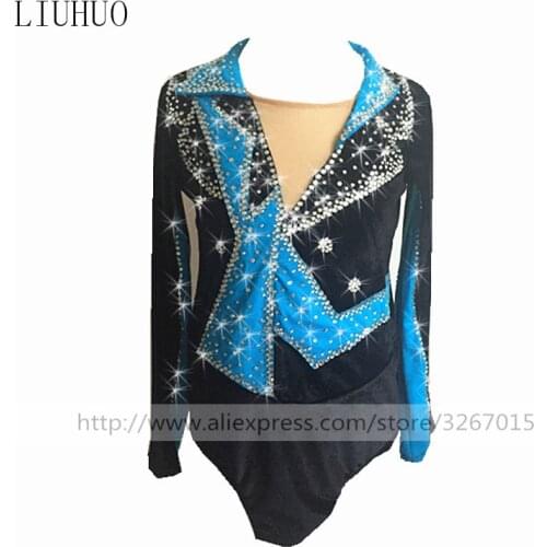 Figure Skating Top Boys' Ice Skating Top Blue black stripes creative Long sleeve style Artificial sparkling rhinestones