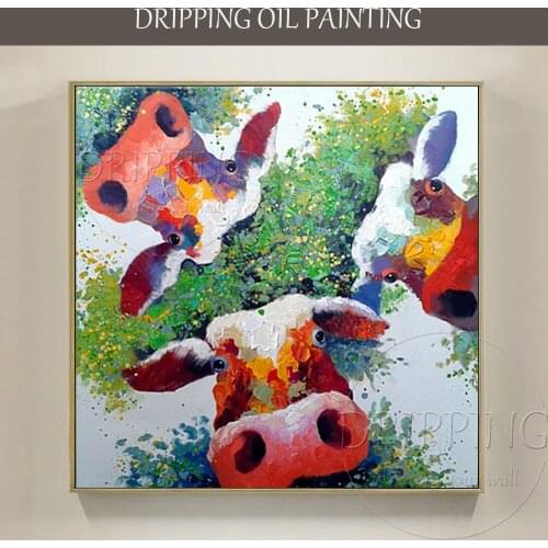 Artist Hand-painted Unframed High Quality Funny Cow Oil Painting on Canvas Lovely 3 Cows Animal Oil Painting for Living Room