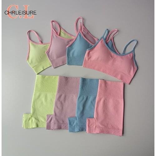 Sexy Two Pieces Sets Seamless Women Tracksuits Push Up Bra+High Waist Shorts Summer Shorts Set Sporty Gym Set Fitness Outfit