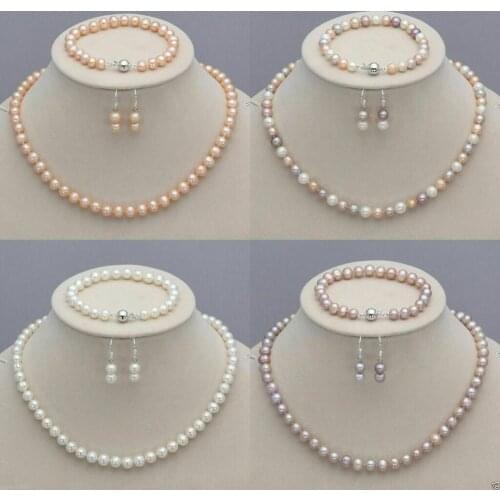 7-8mm Real Natural Freshwater Pearl Necklace Bracelet Earrings Jewelry Set