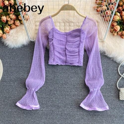 2021 New Summer Sweet versatile square collar flare sleeve Shirt pleated design high waist short polka dot mesh Shirt Top