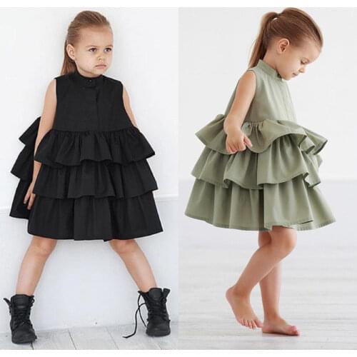 Summer Baby Girls Clothes Vintage Sleeveless Solid Color Cute Lovely Tutu Bud Dress Reffles Party Pageant Black Green