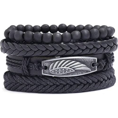 Punk Fashion Vintage Wing Black Leather Men Bracelet Multi-layer Beads Charm Wristbands Women Retro Alloy Feather Bangle Jewelry