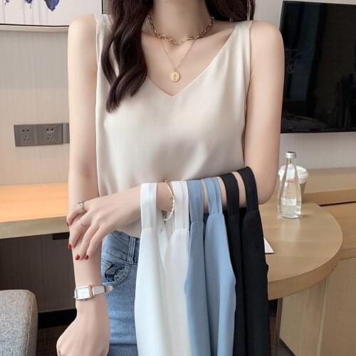 Fashion Female V-neck Cami Top Solid Color Silk satin Womens Loose Sling