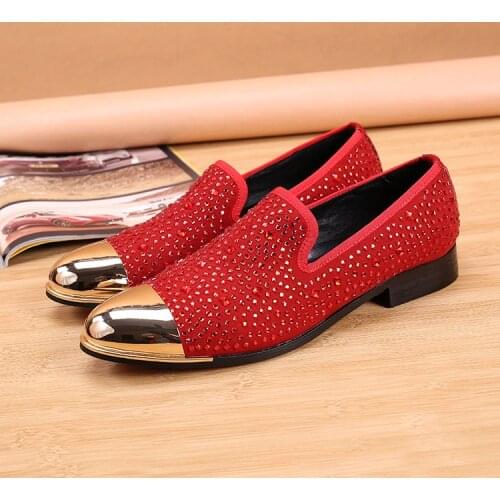 Men Moccasins Red Fashion Metal toe Gold Loafers Crystals Mens Dress Shoes Wedding Flats Casual Shoes