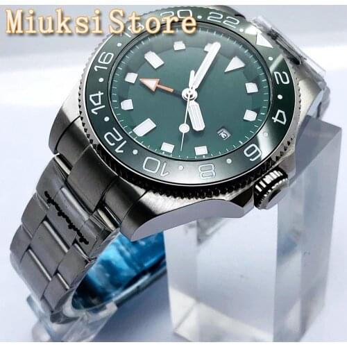 BLIGER 43mm Mens Top Casual Business Watch Sapphire Glass Ceramic Bezel Green Sterile Dial DG 3804 GMT Automatic Movement Watch