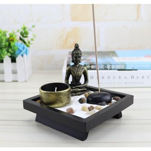Desk Meditation Garden Buddha Statue with Tealight Incense Holder Rocks Sand Home Decoration Relaxing Gift
