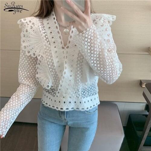 Spring New Lace Blouse Women Chic Crochet Hollow Butterfly Long Sleeve White Shirt Puff Sleeve Casual V-neck Tops Blusas 12960