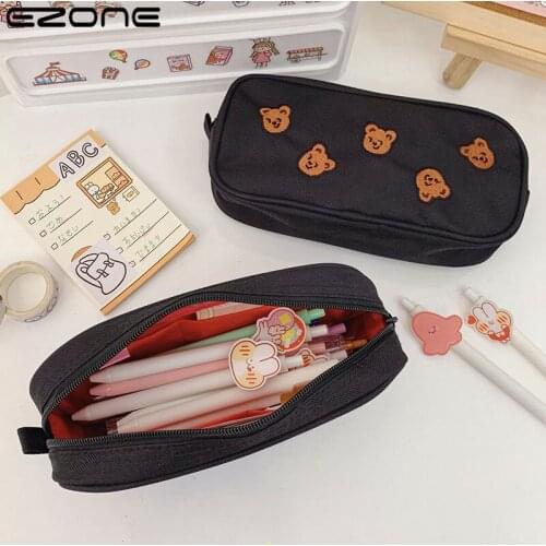 EZONE Student Pencil Case Storage Bag Kawai Bear Embroidery Large Capacity Pencil Bag Portable Cosmetic Bag School Stationery