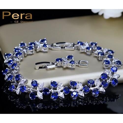 Pera Elegant Royal Jewelry White Gold Color Big leaf Shape Roman Women Bangles & Bracelets With Blue Cubic Zirconia Stone B072