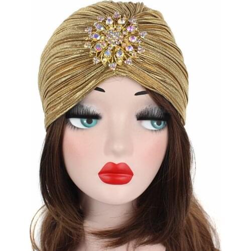 Pleated Turban Cap Ladies New Indian National Style Rhinestone Decoration Fashion Gold Silver Birthday Gifts High Quality Caps