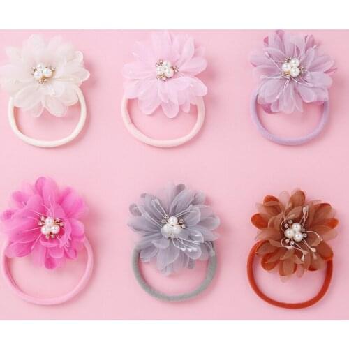 24pc/lot New 2.8" Chiffon Flower Nylon Headband with Rhinestone Pearl Center,Infant Lace Flower Nylon Headbands Hair Accessories