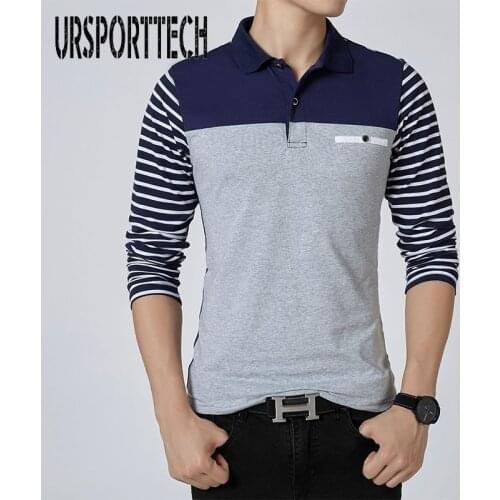 2019 Spring Autumn New Polo Shirt Size Mens Lapel Long Sleeve Bottoming Shirt Casual Striped Fake Pocket Decoration Shirt